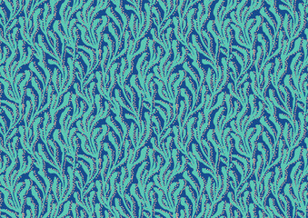 Tropical summer seamless pattern with hand drawn interwined brances of seaweed botanical elements. Vector illustration in pantone nautical blue, baltic colors