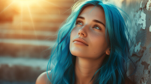 Young woman with vibrant blue hair leaning against a textured wall, gazing upwards as sunlight flares behind her, with space for text on the right