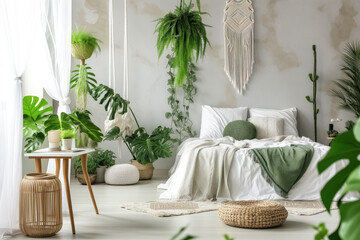 White bedroom interior concept with fabric bed, green home plants and home decor. Scandinavian interior design. Generative AI