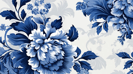 A Baroque Floral background Pattern with Intricate Details in Royal Blue and White