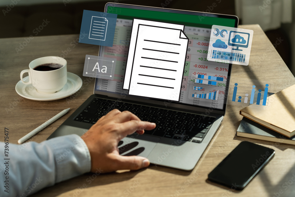 Poster businessman working with data and graphs in spreadsheet documents for online analysis microsoft exce