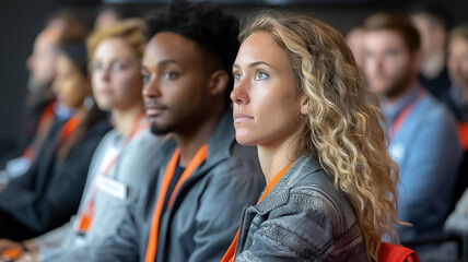 Obraz premium A group of employees listening attentively to a prese