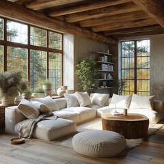 Fototapeta premium Interior design of modern apartment with fabric sofa, table with home decor, green plants. Interior mockup. Generative AI