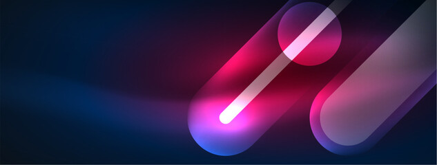 Abstract design pulsates with neon glowing light effects, casting an entrancing glow in the darkness, captivating the eye with its vibrant energy. Glass circles neon glowing light effects