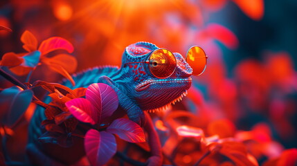 A colorful chameleon with striking orange glasses sits among vibrant red leaves under a radiant...