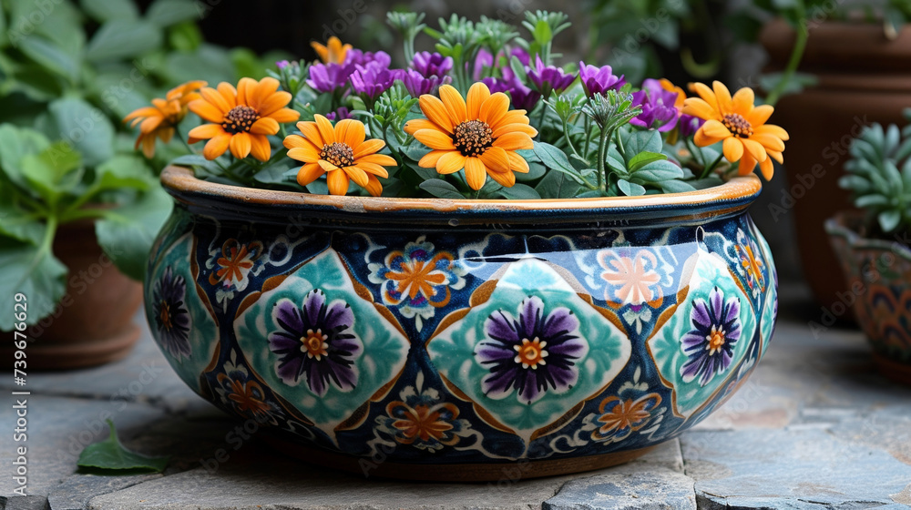 Poster a handcrafted ceramic planter its intricate patterns and earthy colors adding a touch of charm to a 