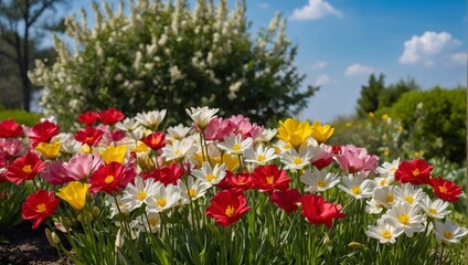 Fototapeta na wymiar Spring flowers in the garden with blue sky background