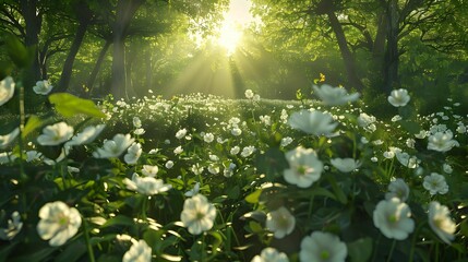 flowers blooming beautifully, surrounded by green nature and a shining sun