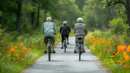 Happy seniors ride their bikes along a paved trail surrounded by lush greenery and beautiful flowers.
