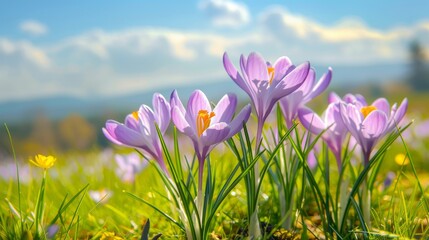 Natural autumn background with delicate lilac crocus flowers on blue sky banner