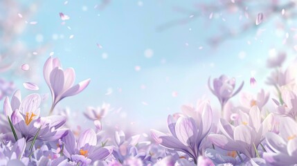 Fototapeta na wymiar Natural autumn background with delicate lilac crocus flowers on blue sky banner