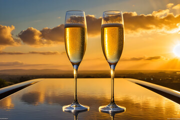 Two champagne glasses, poised side-by-side, empty yet gleaming with anticipation, suspended ethereally among diaphanous clouds, backlit by the soft, golden hues of a setting sun. Generative AI