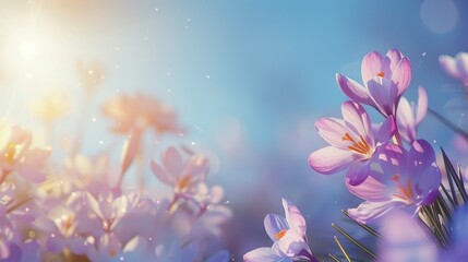 Obraz na płótnie Canvas Natural autumn background with delicate lilac crocus flowers on blue sky banner