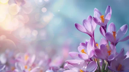 Fotobehang Natural autumn background with delicate lilac crocus flowers on blue sky banner © ND STOCK