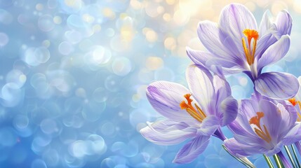 Natural autumn background with delicate lilac crocus flowers on blue sky banner