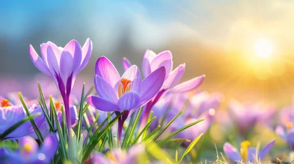 Foto op Plexiglas Natural autumn background with delicate lilac crocus flowers on blue sky banner © ND STOCK