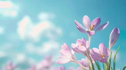 Foto op Plexiglas Natural autumn background with delicate lilac crocus flowers on blue sky banner © ND STOCK