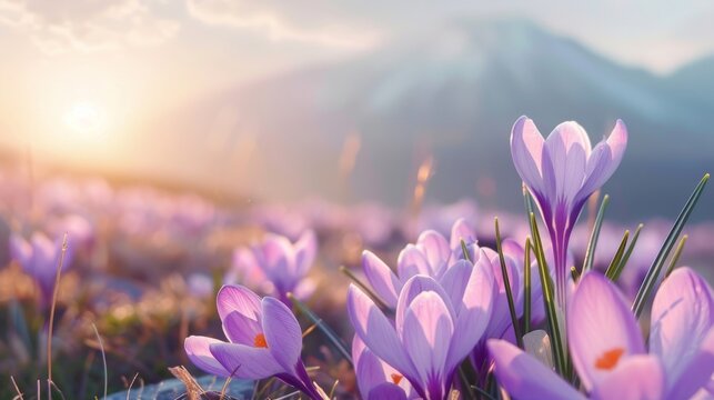 Natural autumn background with delicate lilac crocus flowers on blue sky banner