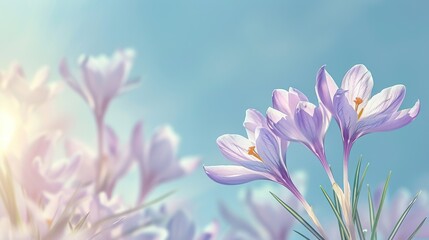 Fototapeta premium Natural autumn background with delicate lilac crocus flowers on blue sky banner