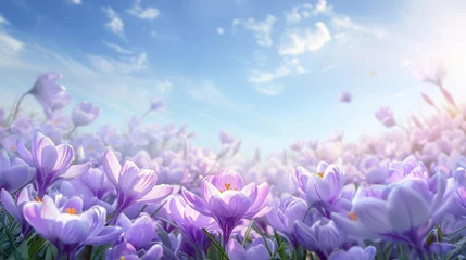 Zelfklevend Fotobehang Natural autumn background with delicate lilac crocus flowers on blue sky banner © ND STOCK