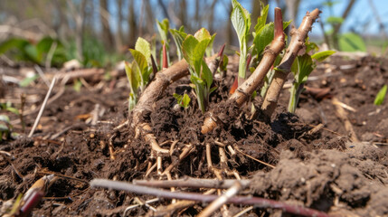 A closeup of a bundle of young fruit tree saplings their roots covered in moist soil. The tiny leaves are just starting to unfurl reaching towards the warm sunshine above.