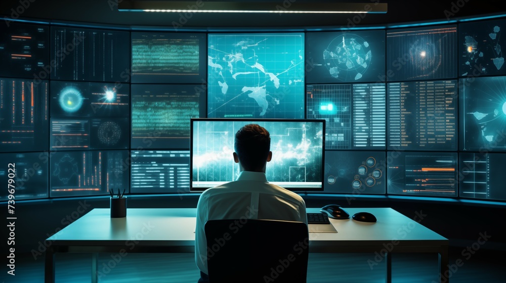 Aufkleber a businessman sitting in front of a computer screen in a generative ai business technology concept.