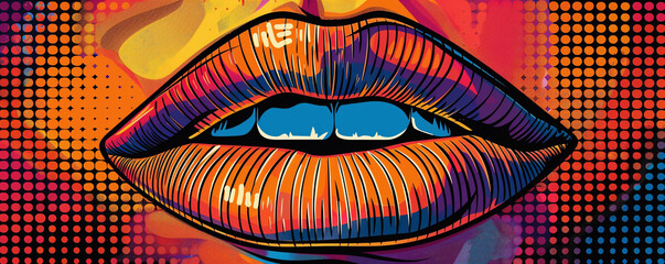 Neon colored Pop Art lips against a backdrop of bold satirical pop culture commentary - obrazy, fototapety, plakaty