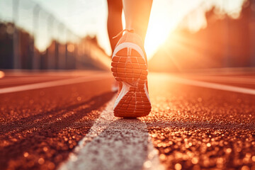Close-Up of Running Shoes on Track at Sunset.