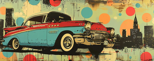 Pop art cars and cityscapes with polka dots and speech bubbles celebrating vintage pop art