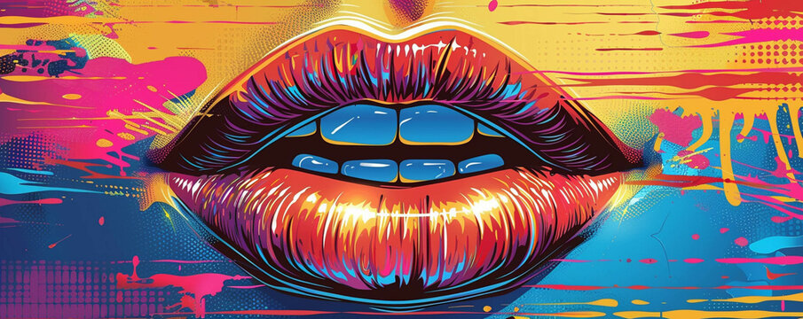 Neon colored Pop Art lips against a backdrop of bold satirical pop culture commentary