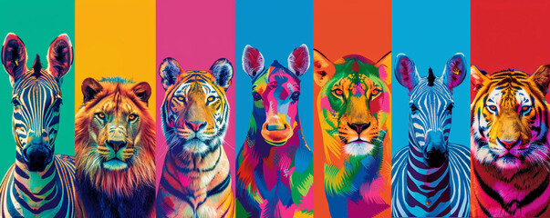 Pop Art zoo animals each species bursting with its own array of vibrant colors - obrazy, fototapety, plakaty