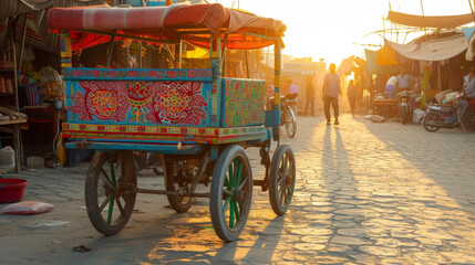 A vendors brightly painted cart standing out against the backdrop of the sunlit market.