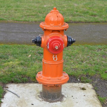 Red orange fire hydrant in the street green grass in the background high definition DSLR photo