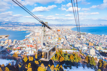 Cable car with Hakodate city background in winter at Hakodate Ropeway Station, Hakaodate, Hokkaido, Japan