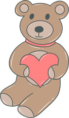 Cute cartoon teddy bear holding a pink heart, isolated on white, ideal for Valentine's Day or children's themes.