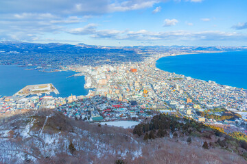Scenic view of Hakodate Town from Mt.Hakodate Ropeway Observatory Deck in winter, Hakodate, Hokkaido, Japan