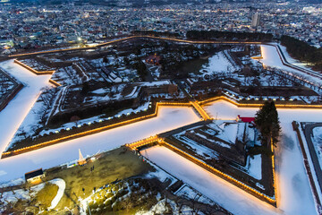 Scenic view of Goryokaku Fortress from Goryokaku Tower in winter, Hakodate, Hokkaido, Japan