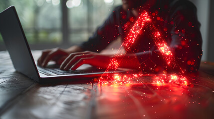 Man working on laptop with red triangle symbol
