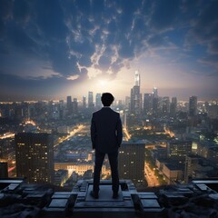 Man Standing on Top of Tall Building, Overlooking Cityscape at Dusk