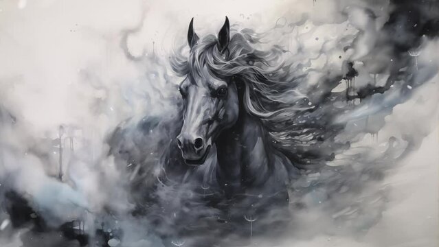 mystical unicorn materializing through smoke abstract. horse with smoky illustration. seamless looping overlay 4k virtual video animation background 