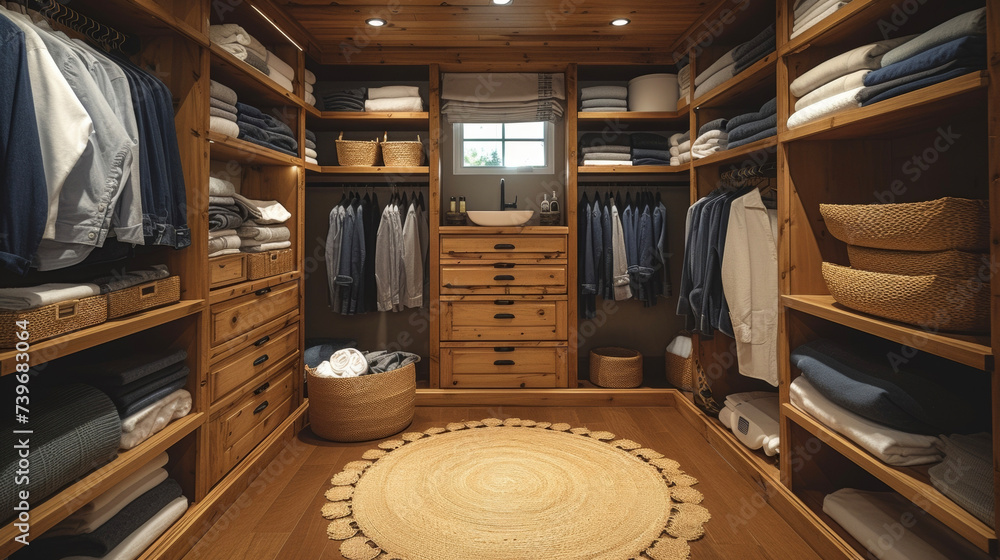 Poster a view of a custom shelving unit in a walkin closet showcasing its clever use of space with a combin