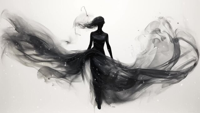 abstract ink smoky woman illustration. woman shaped by smoky tendrils abstract ink strokes. seamless looping overlay 4k virtual video animation background 