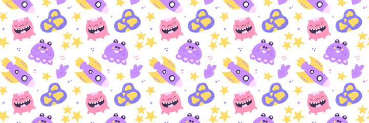 Baby cute seamless pattern with space elements on white background. Hand drawn flat cartoon style. Vector illustration