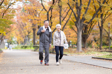 公園を歩く老夫婦