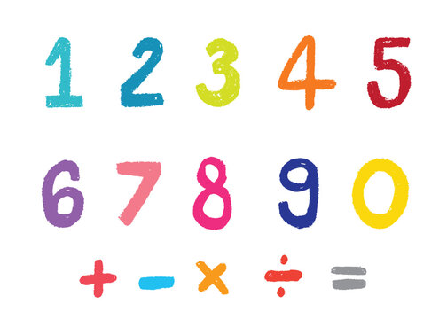 Cute Numbers and mathematical signs, pencil crayon, children's colourings,vector, set, illustration