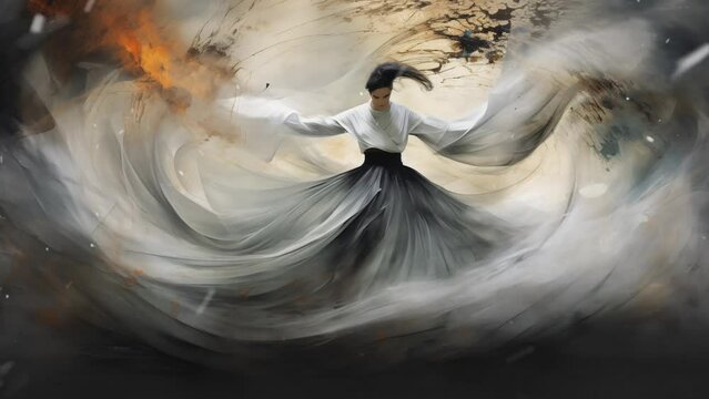 whirling dervish dancer portrayed in swirling smoke. seamless looping overlay 4k virtual video animation background 