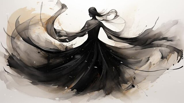black and white background illustration. whirling dervish dancer shaped by smoky elegance abstract. seamless looping overlay 4k virtual video animation background 