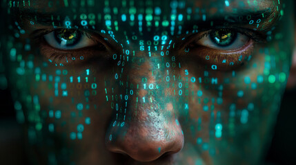 Encoded Gaze: Man's Face with Streaming Binary Code Overlay