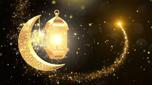 Ramadan Kareem Gold Opening. Golden Ramadan candle lanterns are hanging on bokeh background with flashing golden stars and golden crescent. Ramadan Kareem Background. The holy month of Muslims. Islam