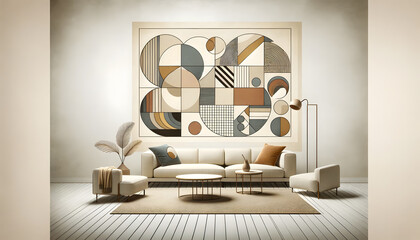 an abstract geometric design embodying mid-century modern style, tailored for boho decor, without the inclusion of a room or frame, focusing on minimal art